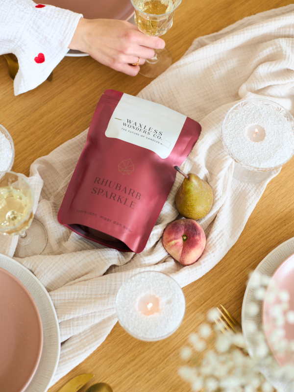 Rhubarb Sparkle parelkaarsen detail - unieke rabarber geur herbruikbare geurkaarsen